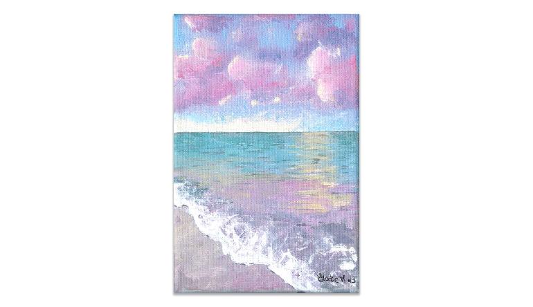 Acrylic Painting on Canvas of a seascape. There are pink clouds in the sky, the water of the sea is calm, and the colors are pastel. The feeling is very dreamy and calming. By the wildelife and nature artist Elodie Matos (Eloma Arts)