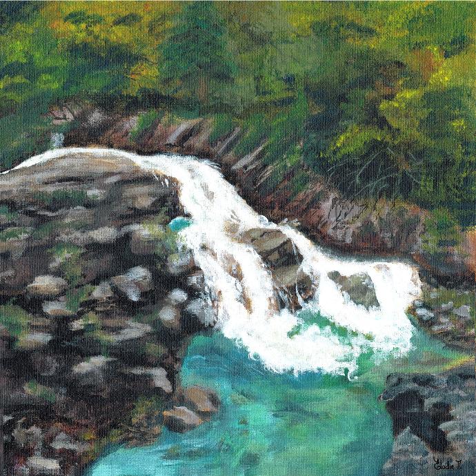 Portuguese Cascade Landscape (Acrylic on Panel Painting)